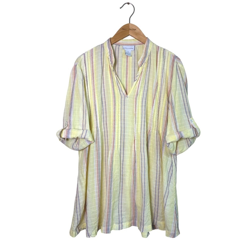 Soft Surroundings Medium Butter Yellow Striped Stretch Cotton Pintuck‎ Tunic Top